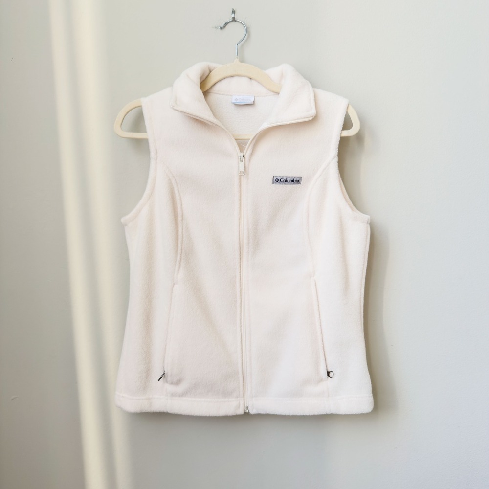 Women's Classic Preppy Columbia Thermal Fleece Vest Off White Size M